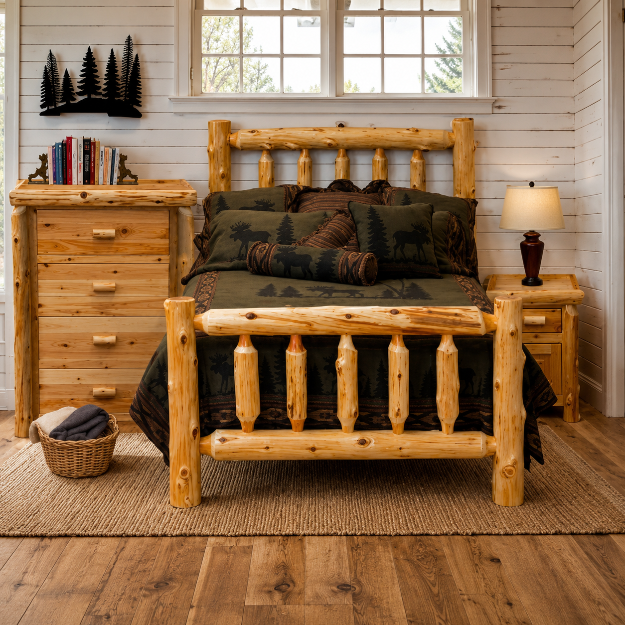 Cedar log cabin bed, nightstand, and chest of drawers with moose lodge bedding, all American made