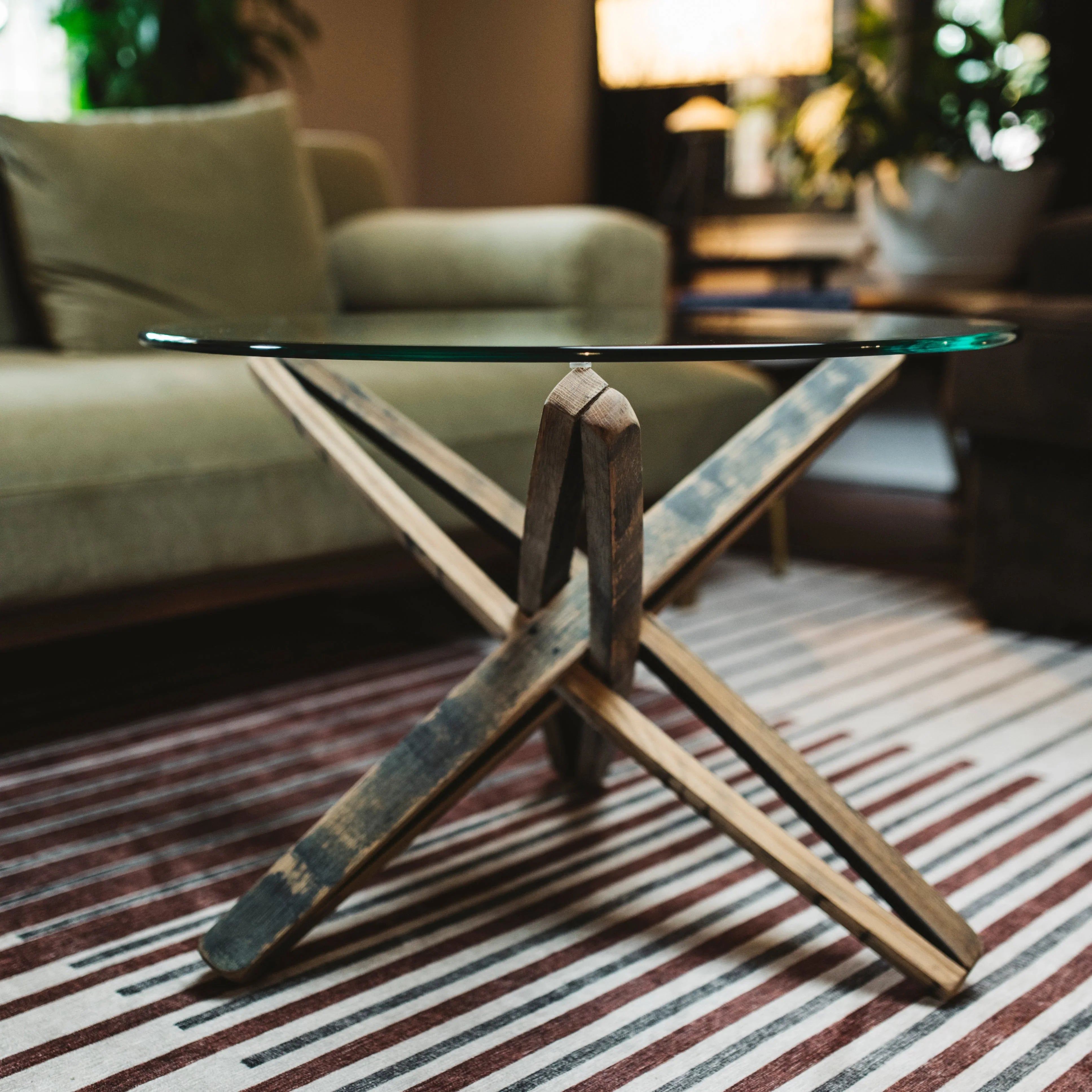 Side table made from tequila barrel staves with a round glass top, made in the USA - Your Western Decor