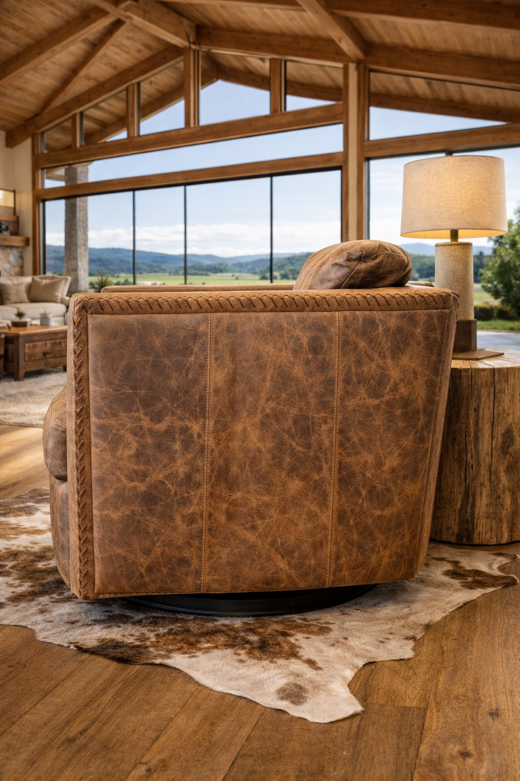 side view antiqued leather ranch swivel chair showing distressed leather upholstery and western craftsmanship