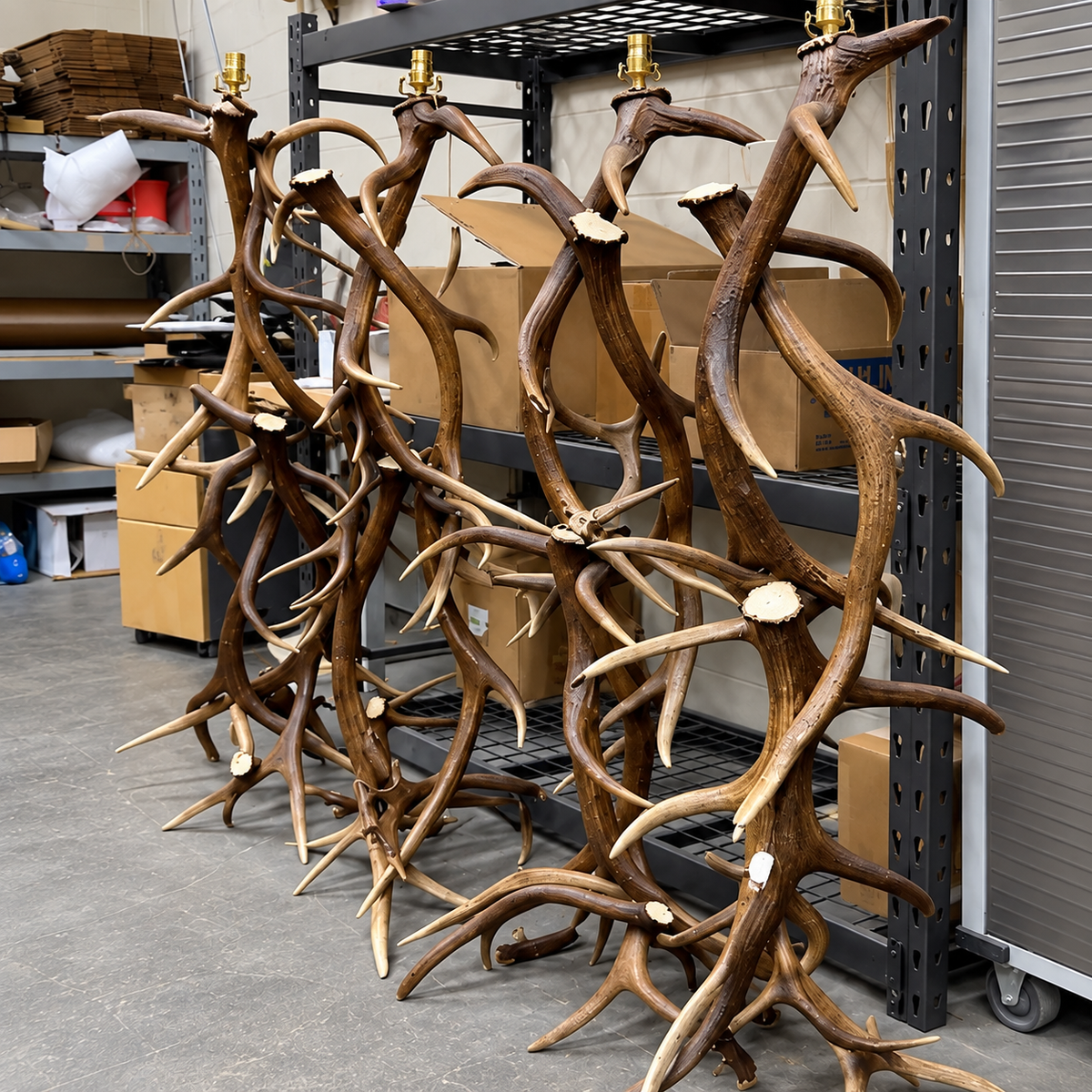 Four large natural elk antler floor lamps with brass tops are displayed on a warehouse floor in front of shelving units.