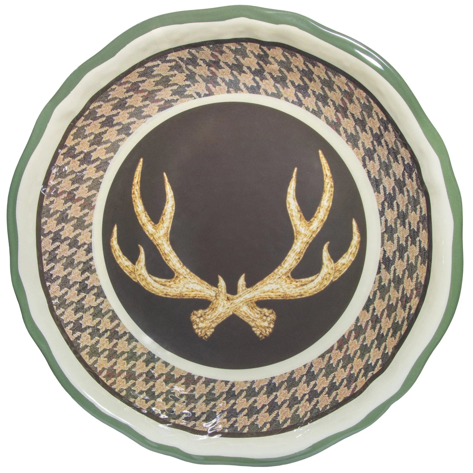 Decorative serving bowl with gold deer antlers and houndstooth pattern