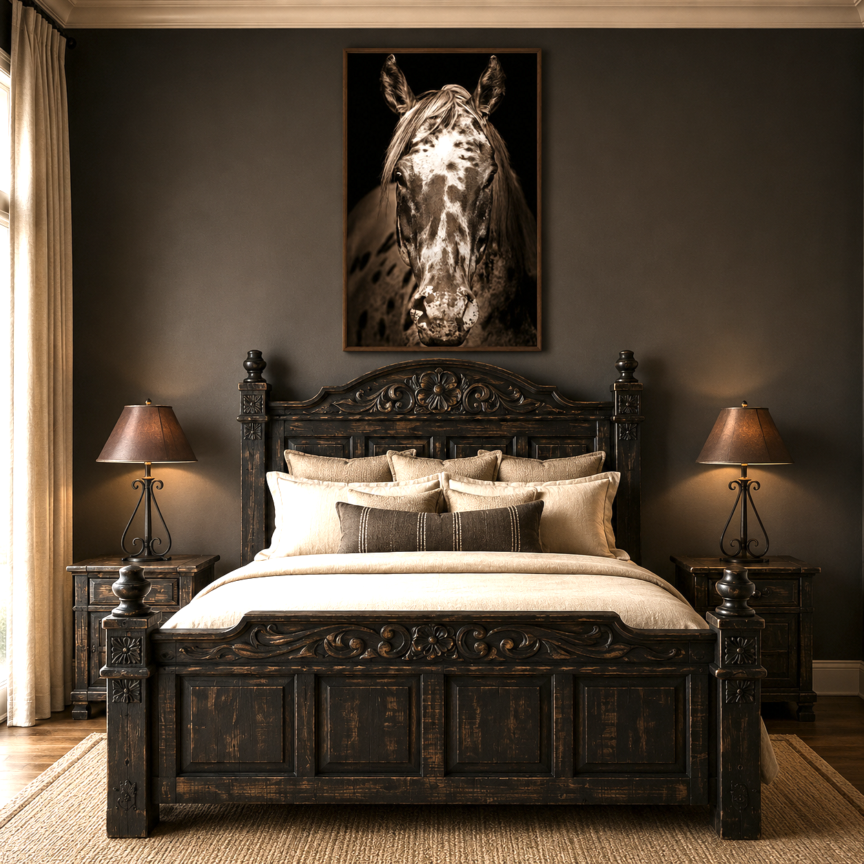 Framed Appaloosa horse canvas art displayed above a rustic carved bed in a luxury Western bedroom.