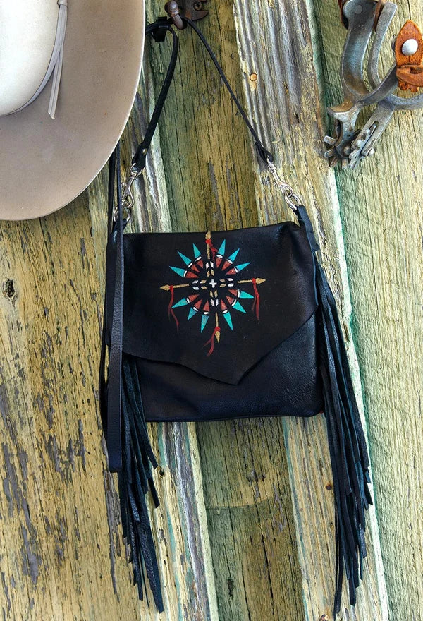 Black Arapaho Painted Horizon deerskin leather handbag with hand-painted motif, long fringe and crossbody strap back view