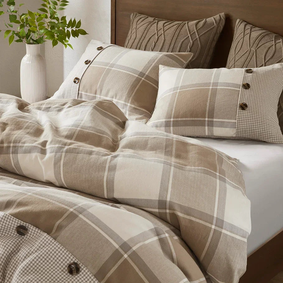 Aria Plaid Luxury Bedding Set in tan, taupe, and off-white - Your Western Decor