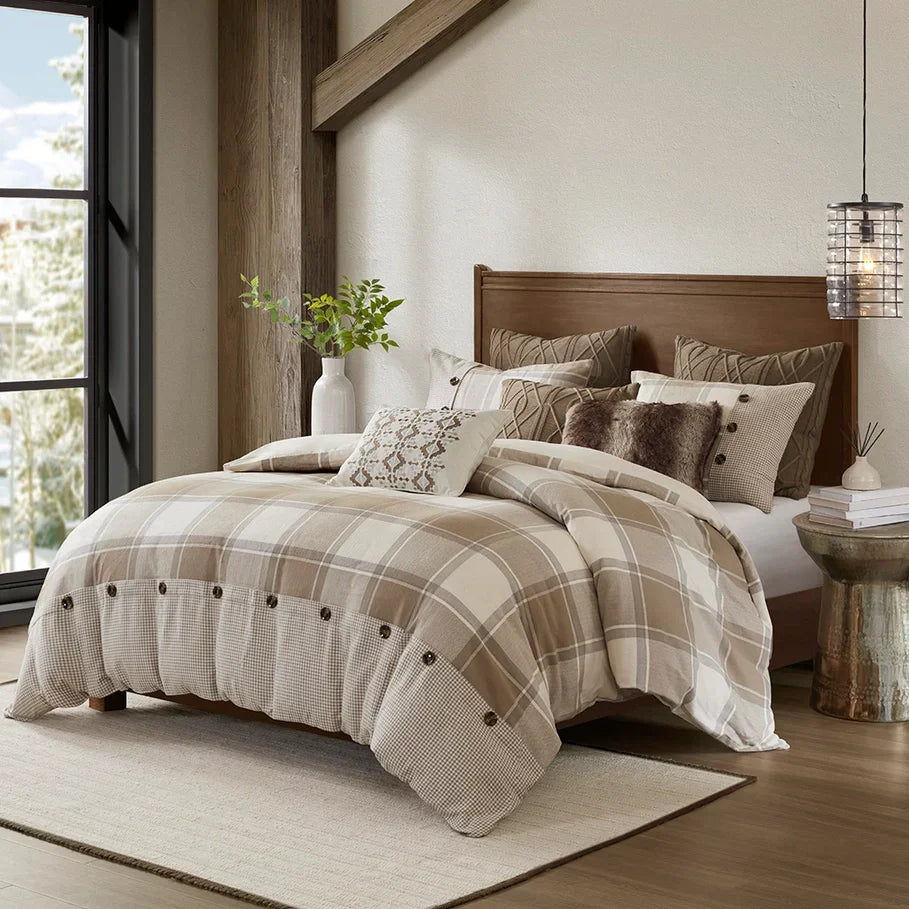 Aria Plaid Luxury Bedding Set in tan, taupe, and off-white - Your Western Decor
