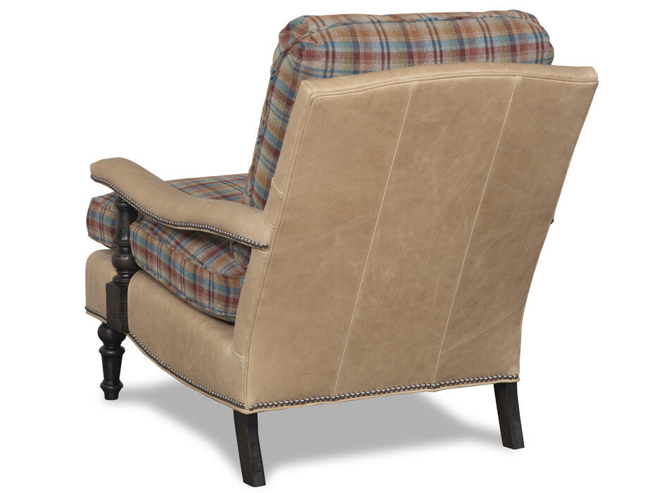 Rustic plaid and leather accent chair with nailhead trim