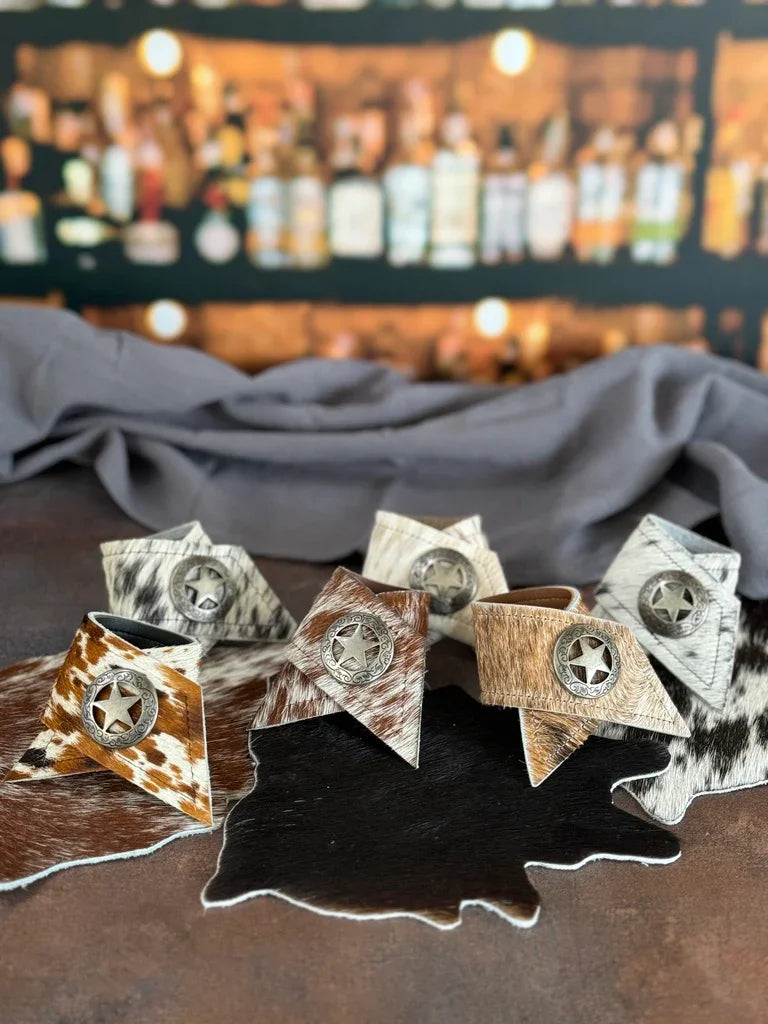 Handmade assorted 6-pc cowhide western napkin rings with conchos - Your Western Decor