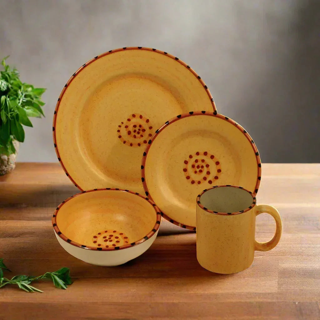 Aurora Burnt Orange and Red Dinnerware Set on kitchen counter - Your Western Decor