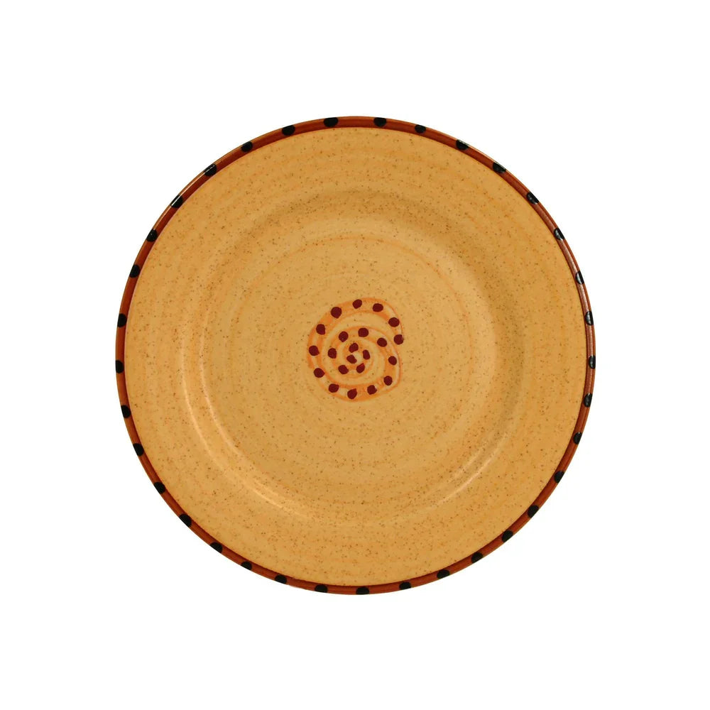 Aurora dinner plate in burnt orange with dark red rim and dark red dots in the center - Your Western Decor