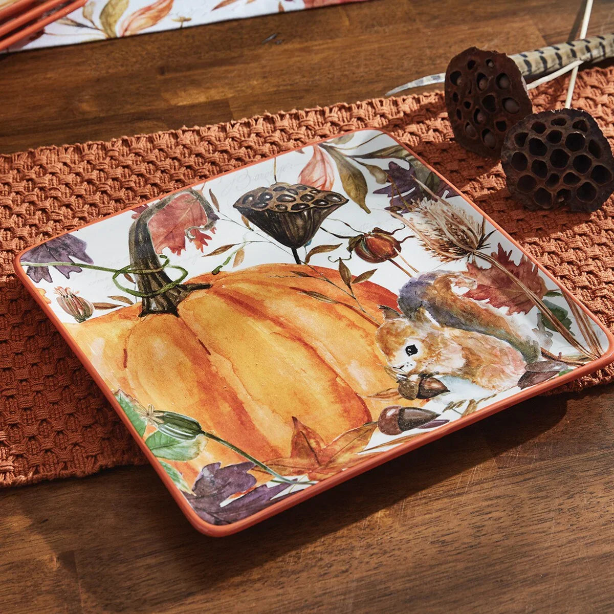 Autumn farms ceramic serving tray with pumpkin, leaves, and squirrel - Your Western Decor