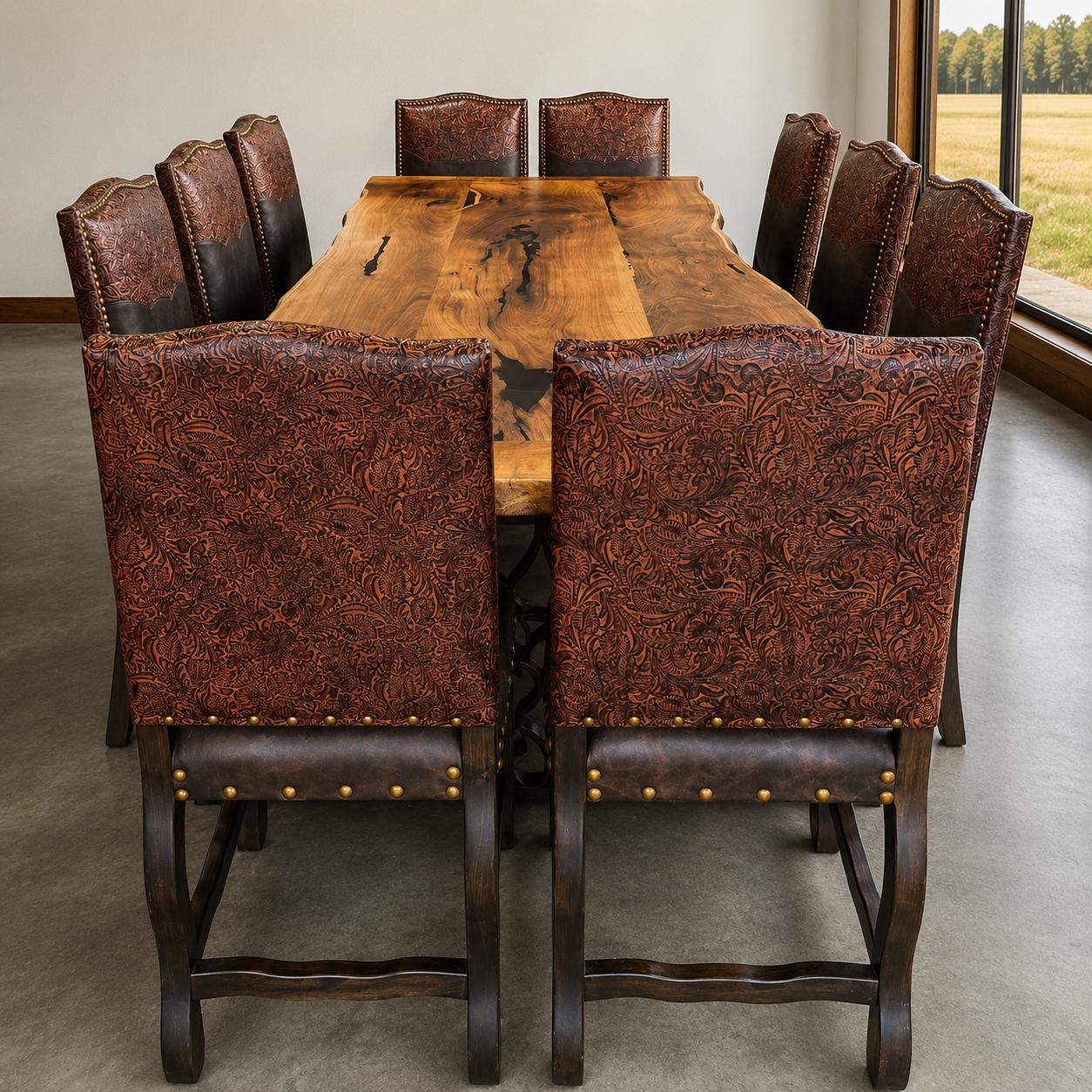 Autumn tool western leather dining chairs at live edge rustic dining table