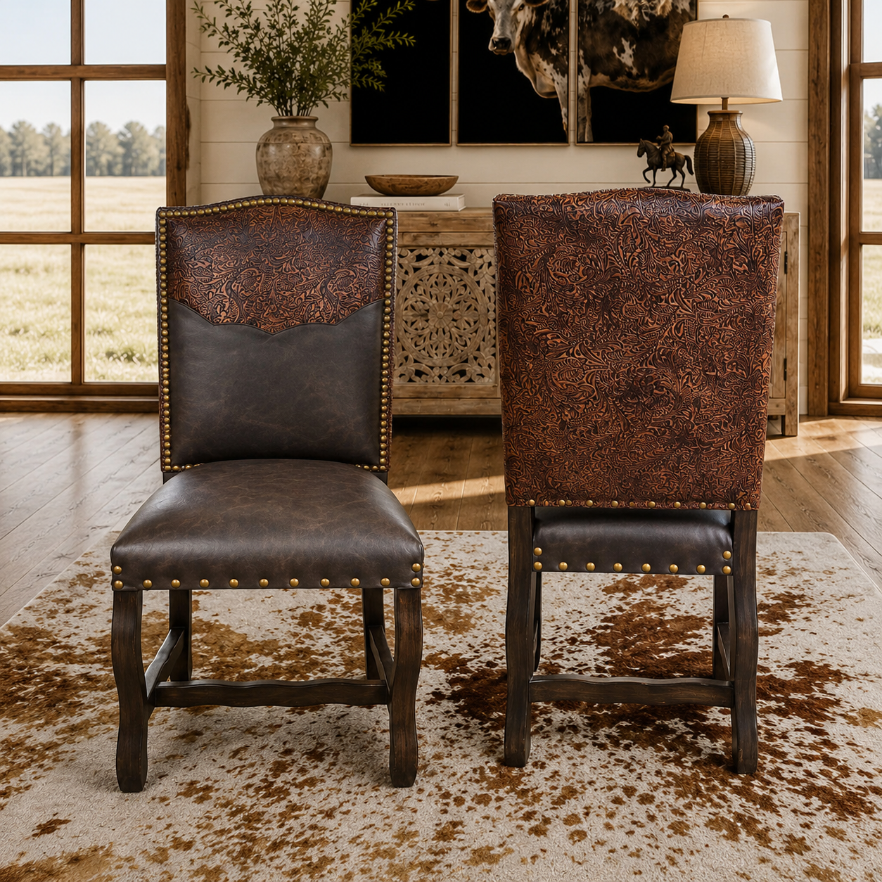 Autumn tool western leather dining chairs, front and back