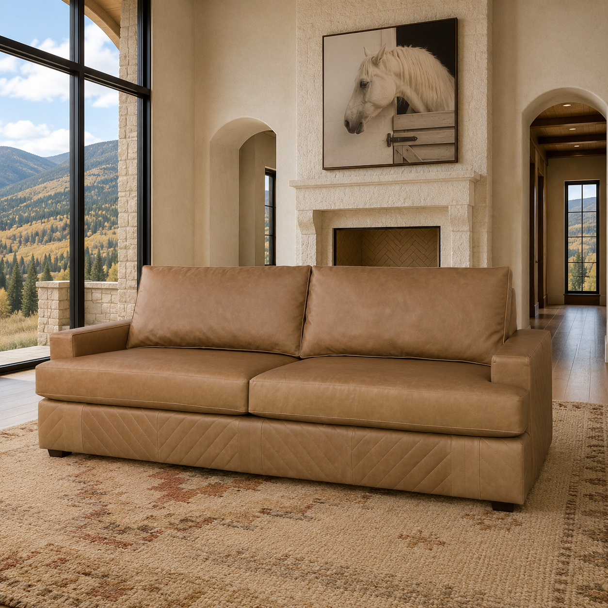 Luxury mountain modern living room featuring the Averell Chevron Leather Sofa in premium top-grain leather and Stabled Canvas Horse Art