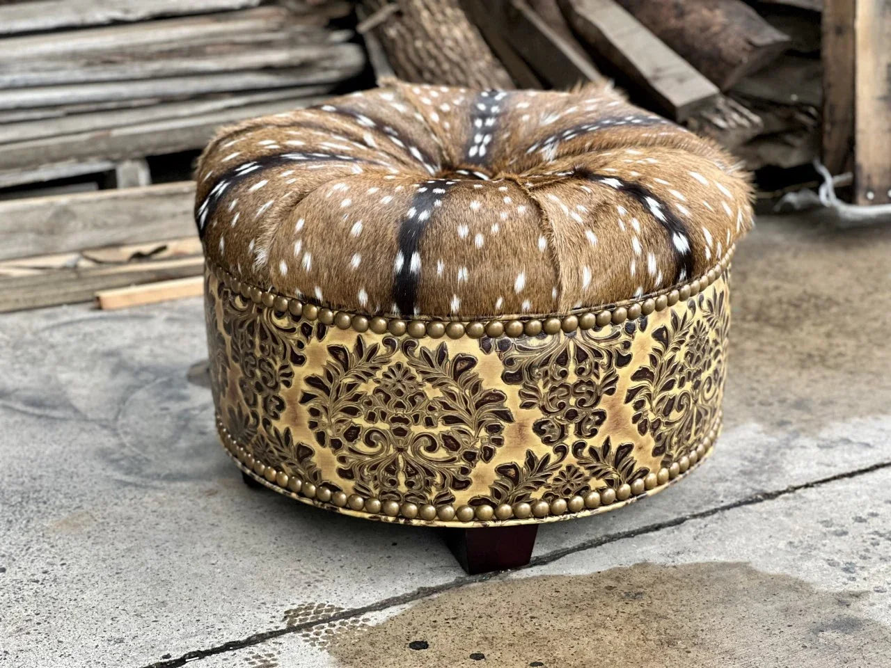 Custom American made Leather & Axis Hide Round Ottoman - Your Western Decor