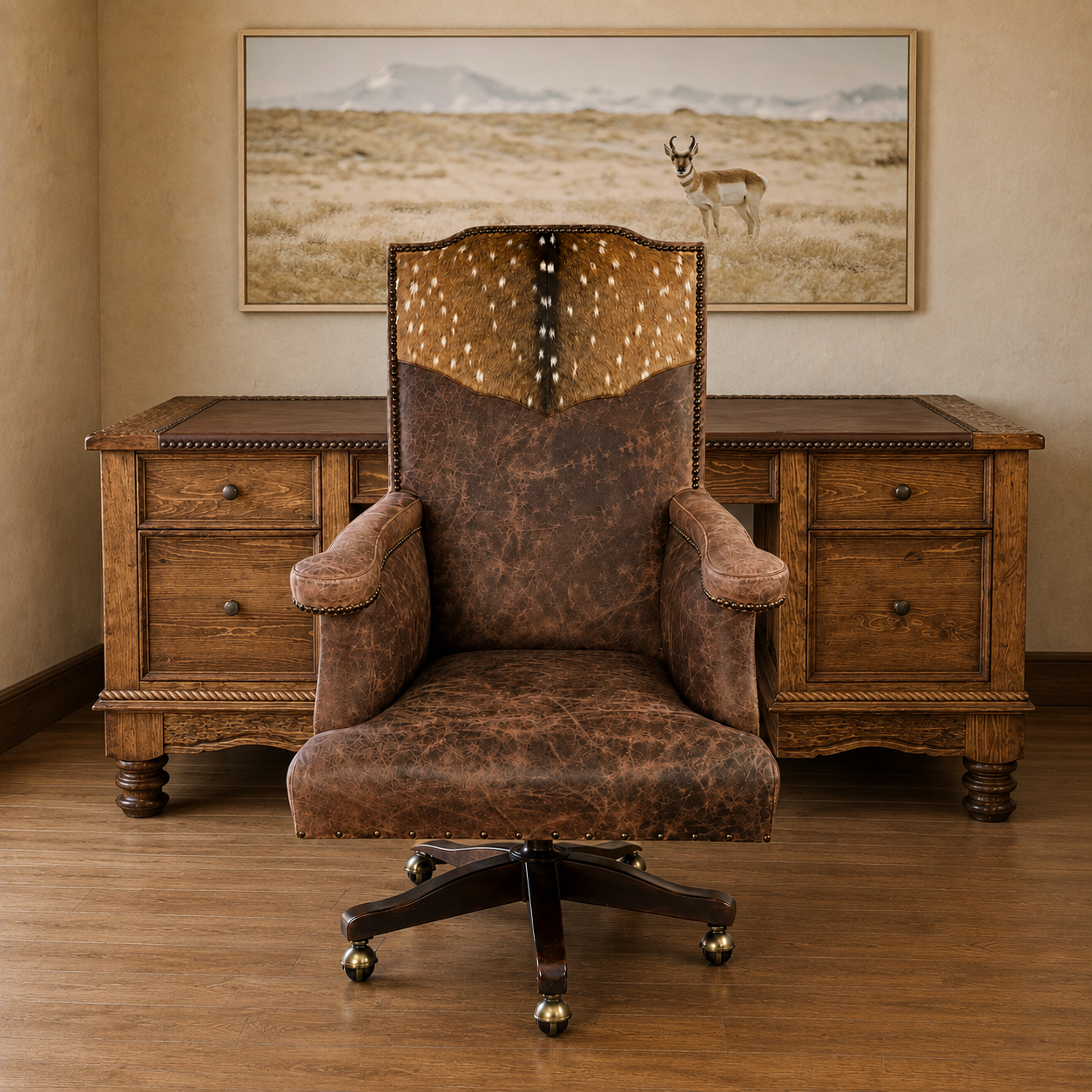 Axis hide and distressed brown leather Western office chair with nailhead trim and hardwood swivel base with executive desk with leather surface and canvas framed Antelope art