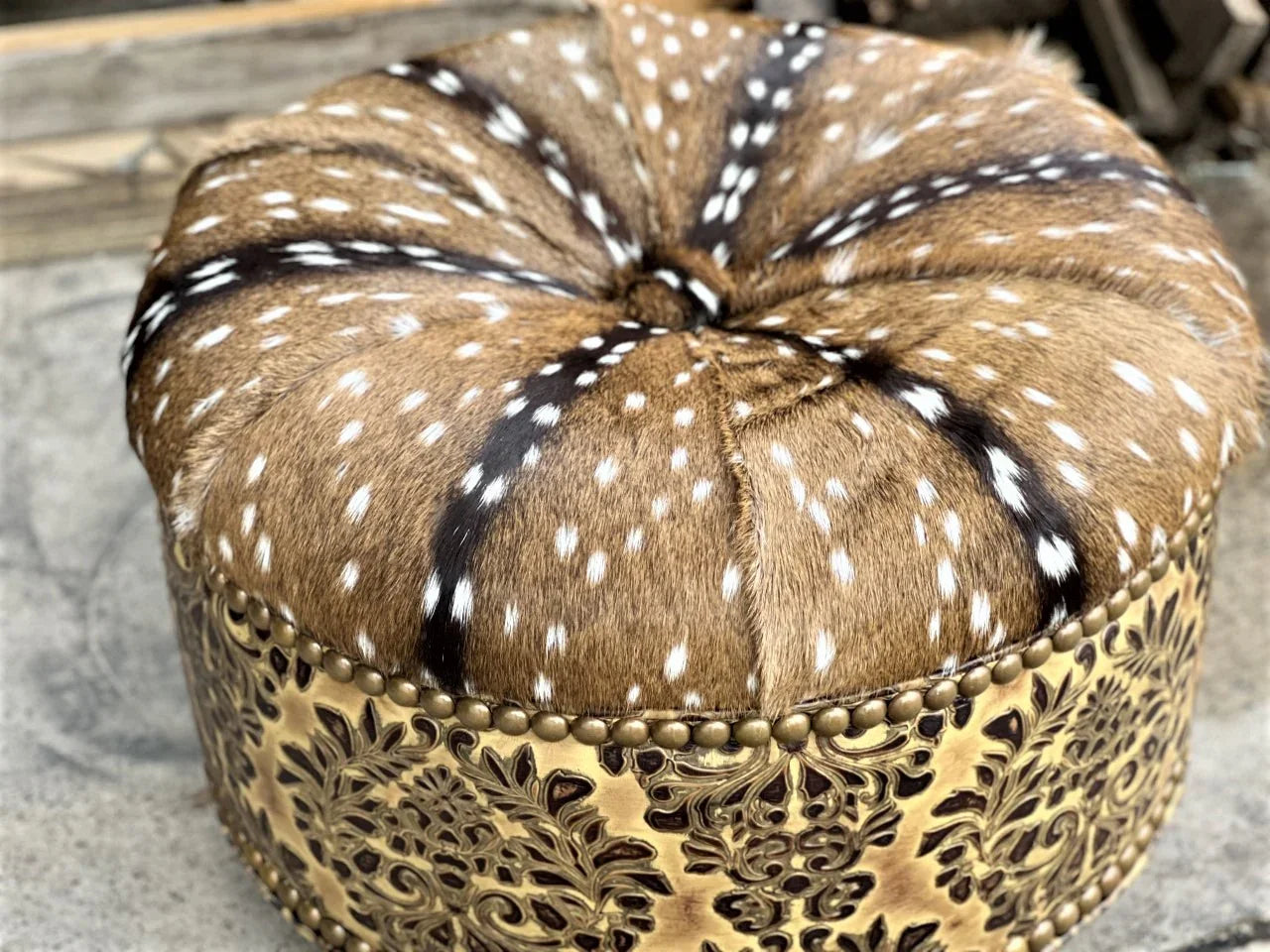 Custom American made Leather & Axis Hide Round Ottoman - Your Western Decor