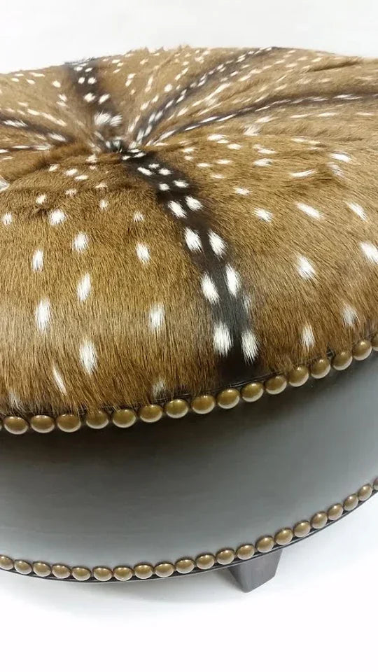 Custom American made Leather & Axis Hide Round Ottoman - Your Western Decor