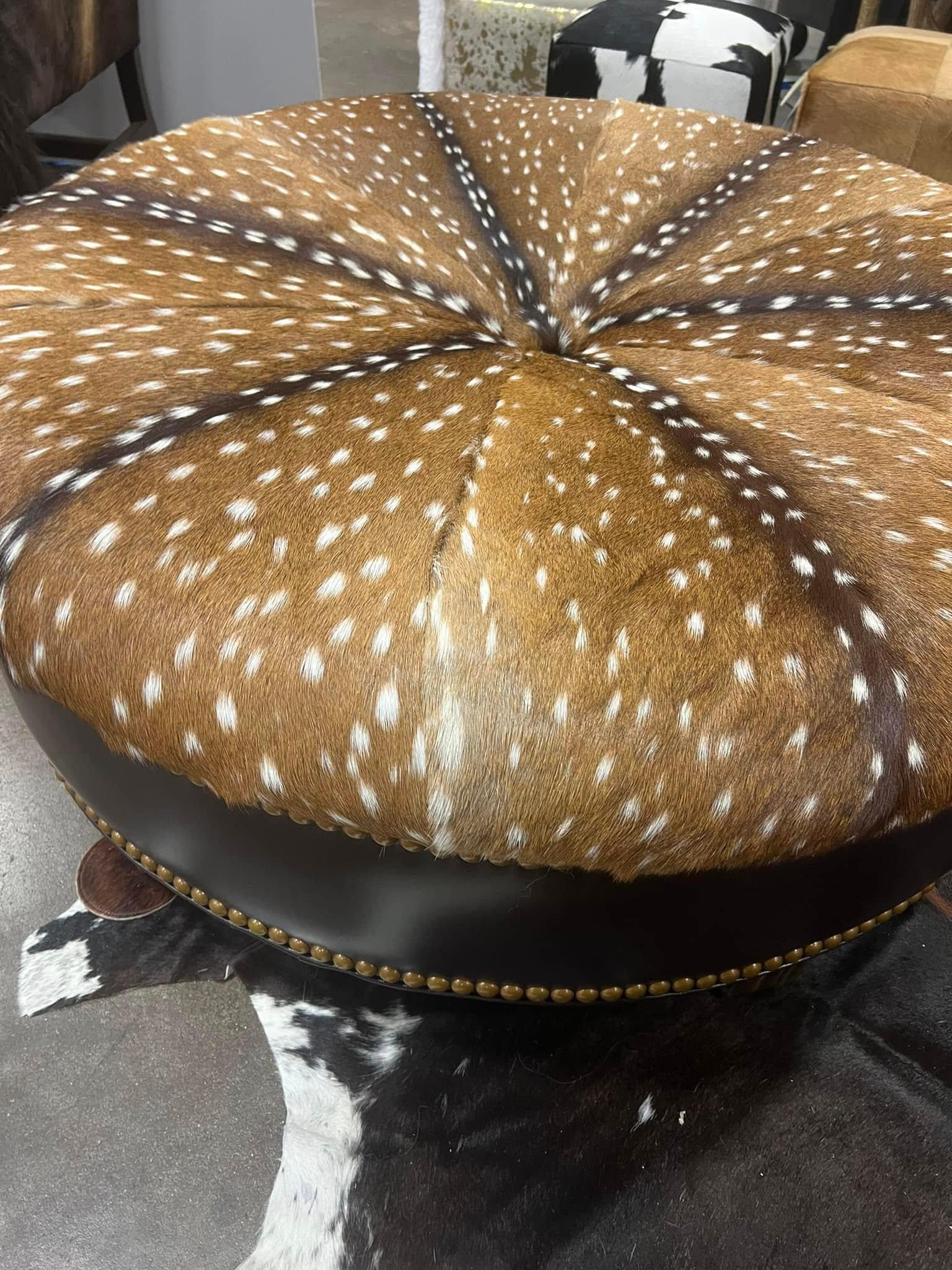 Custom American made Leather & Axis Hide Round Ottoman - Your Western Decor