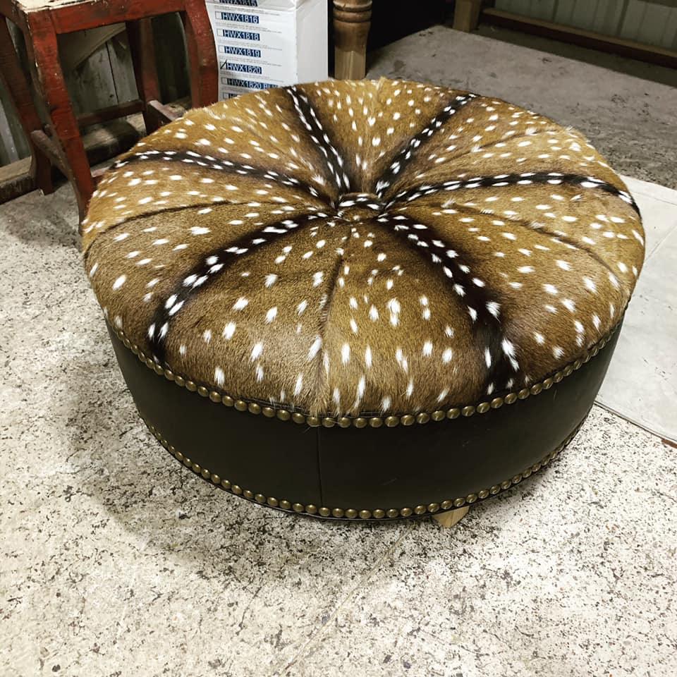 Custom American made Leather & Axis Hide Round Ottoman - Your Western Decor