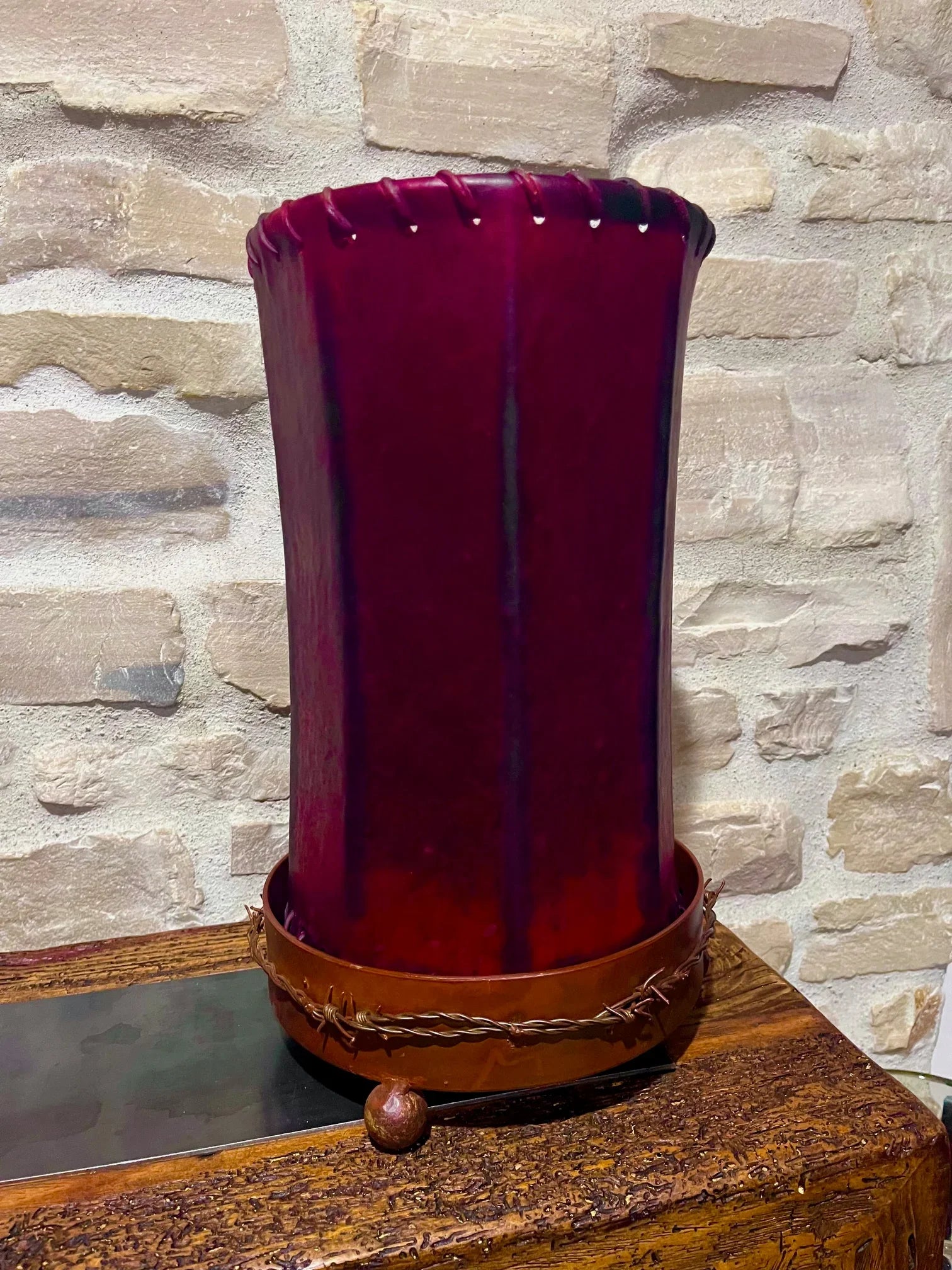 Barbed wire table lamp with red rawhide pendant shade - Your Western Decor