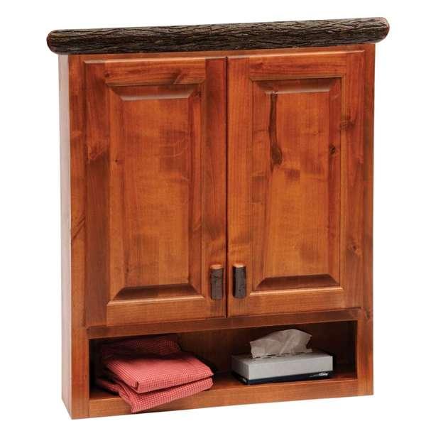Wooden cabinet with two doors and a lower shelf on a white background