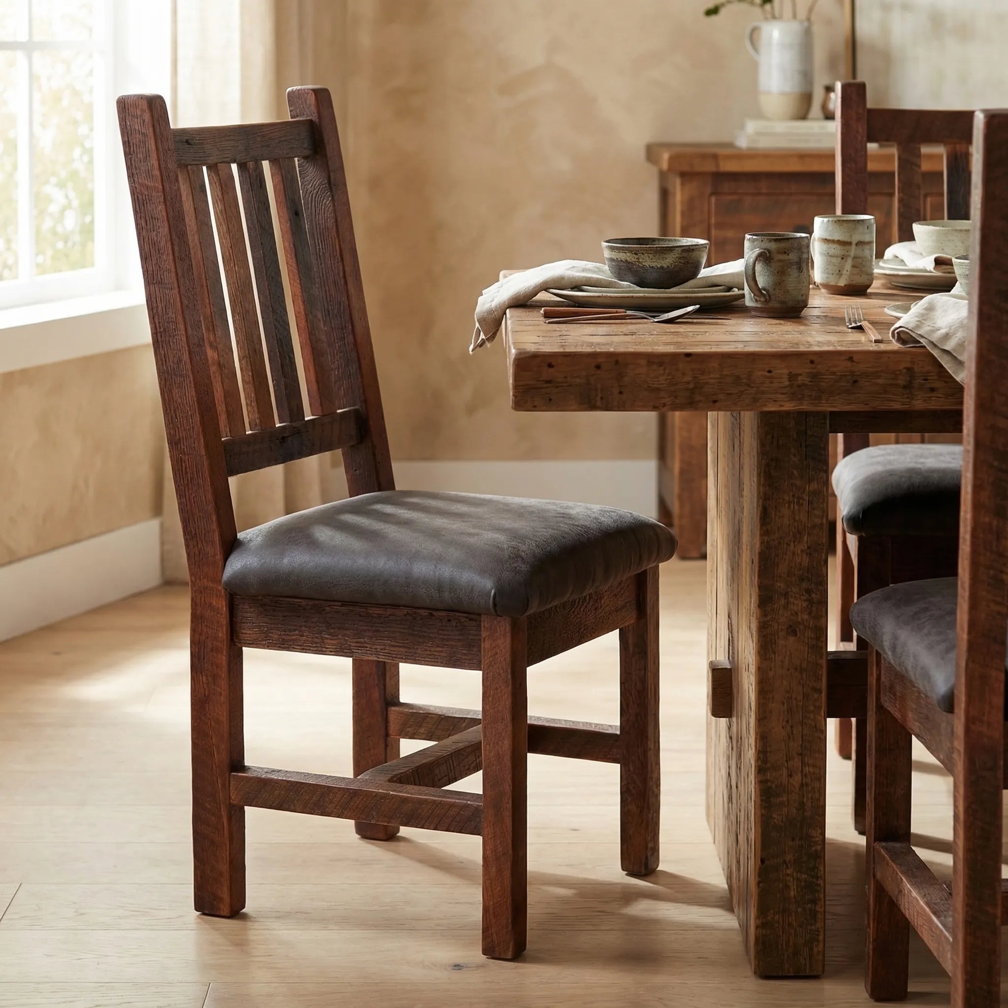 barnwood dining chair made from reclaimed oak with upholstered leather cushion