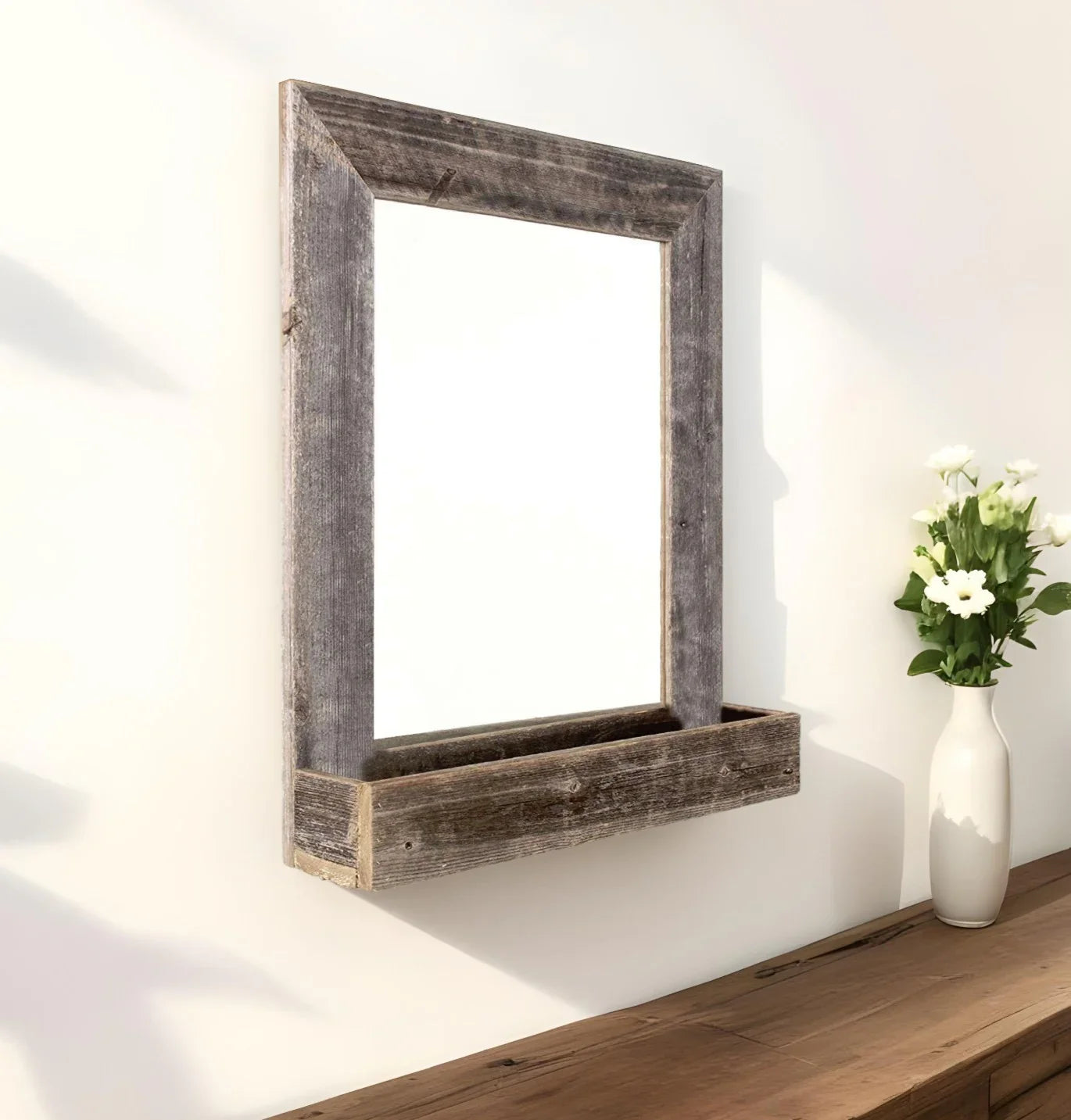 Rustic barn wood framed wall mirror with box shelf - Your Western Decor