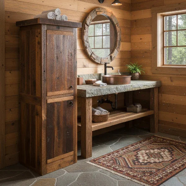 Rustic barnwood cabinet in rustic lodge bathroom - Your Western Decor