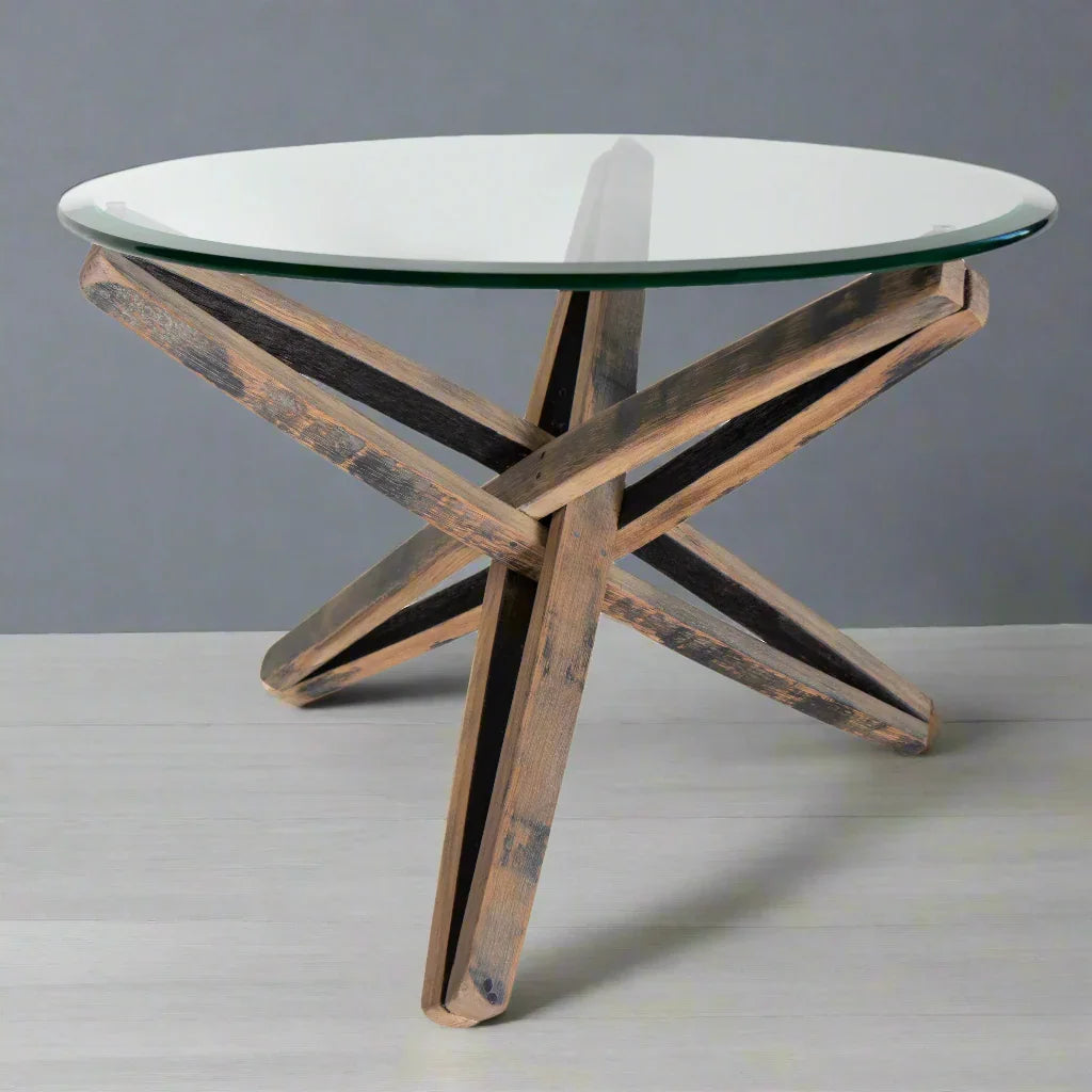 Side table made from tequila barrel staves with a round glass top, made in the USA - Your Western Decor