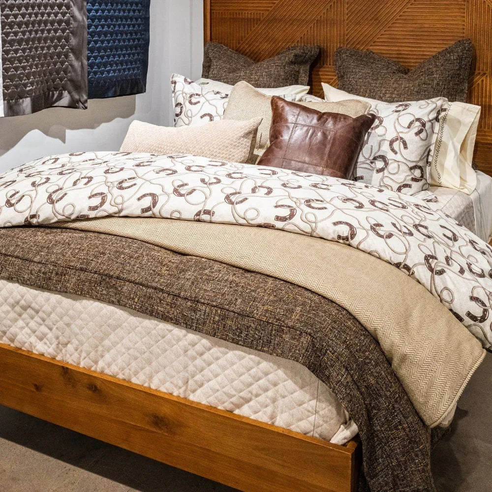 100% cotton duvet and comforter sets featuring brown horse hoes and rope over a cream background - Your Western Decor