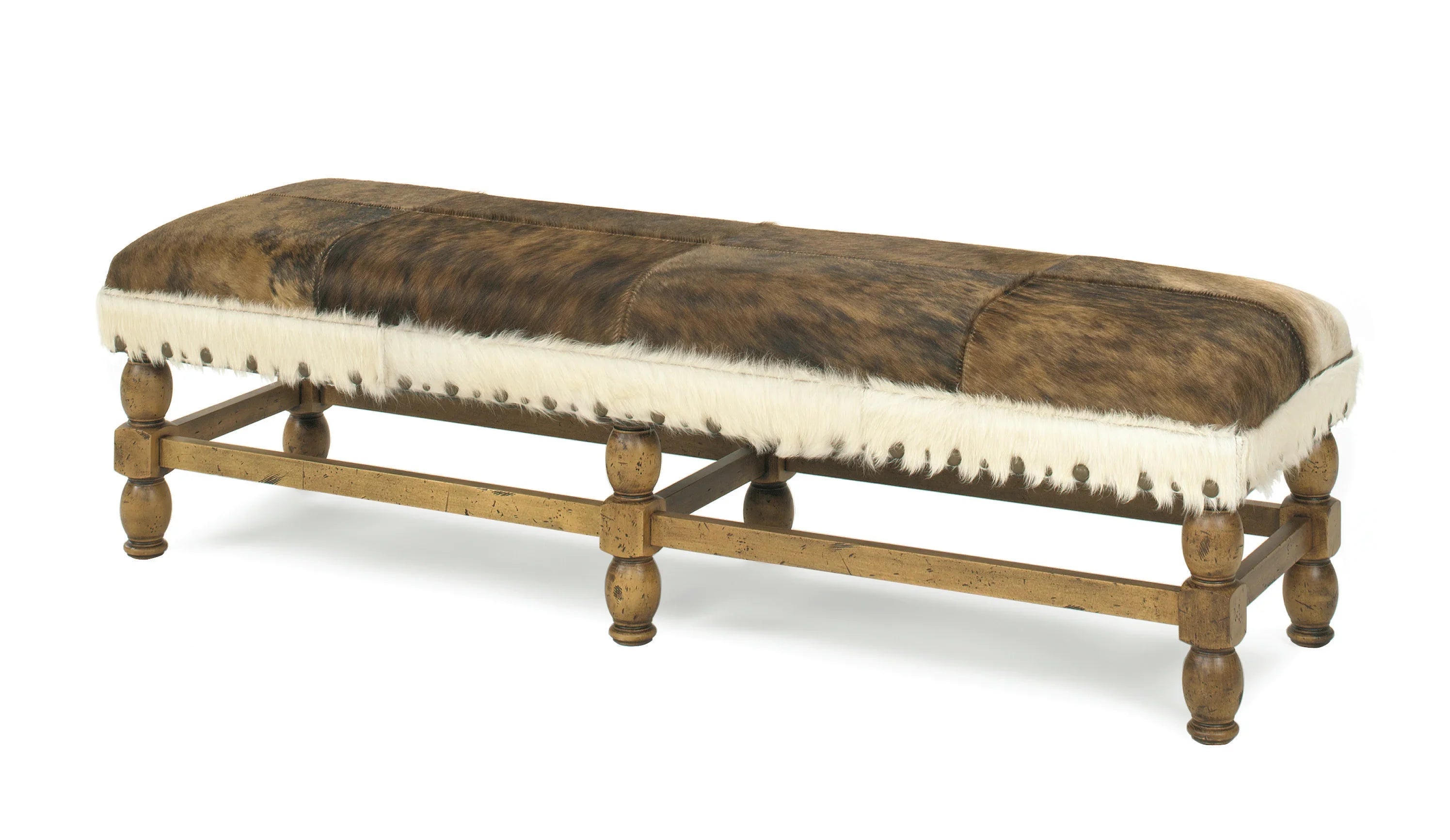 Brindle and white cowhide upholstered bench - Your Western Decor
