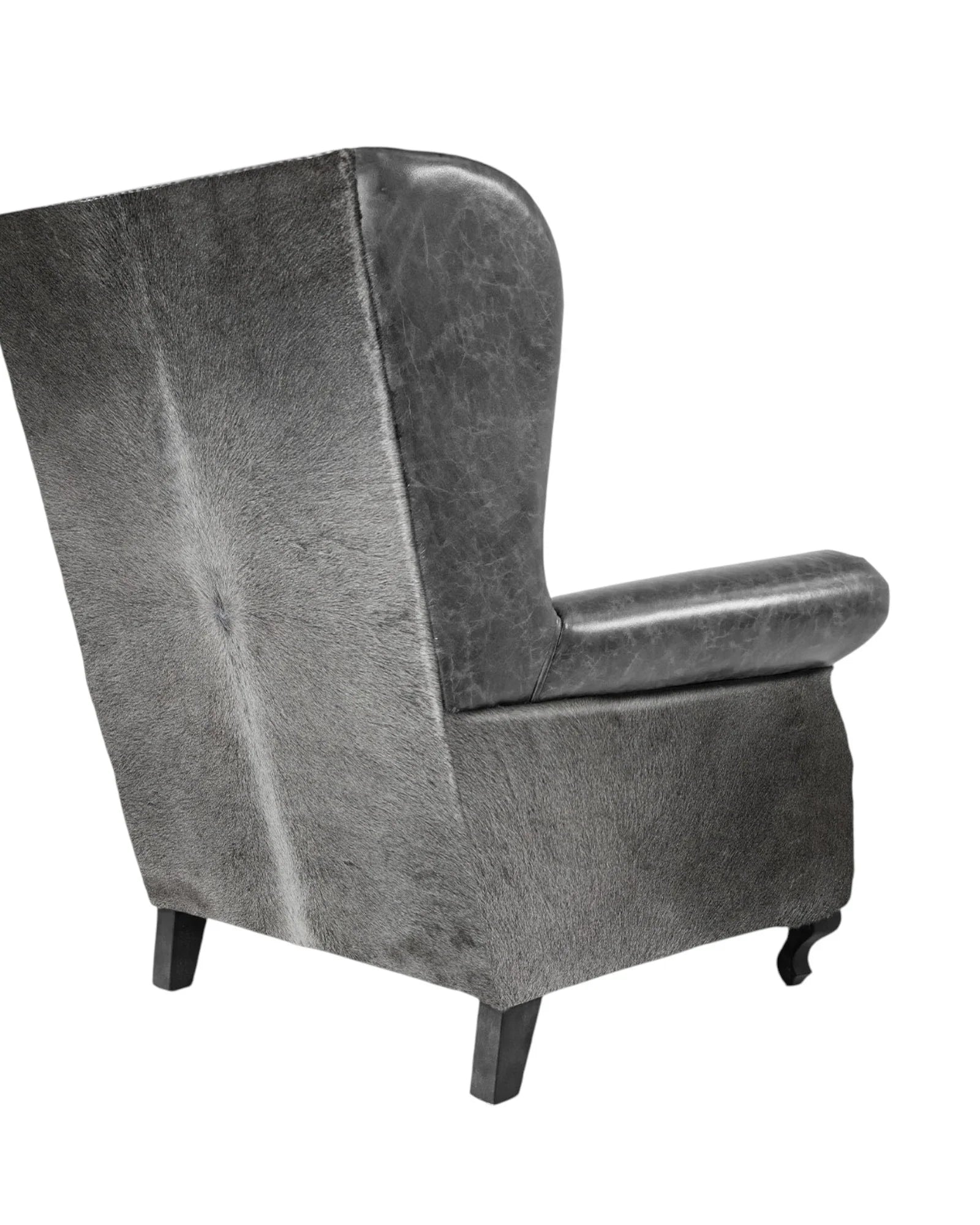 Back of grey cowhide and leather wingback chair - Your Western Decor
