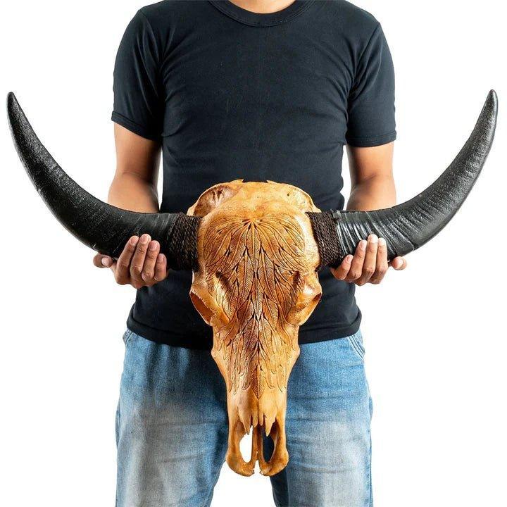 Buffalo Feathers Carved Skull in Antique Finish - Your Western Decor