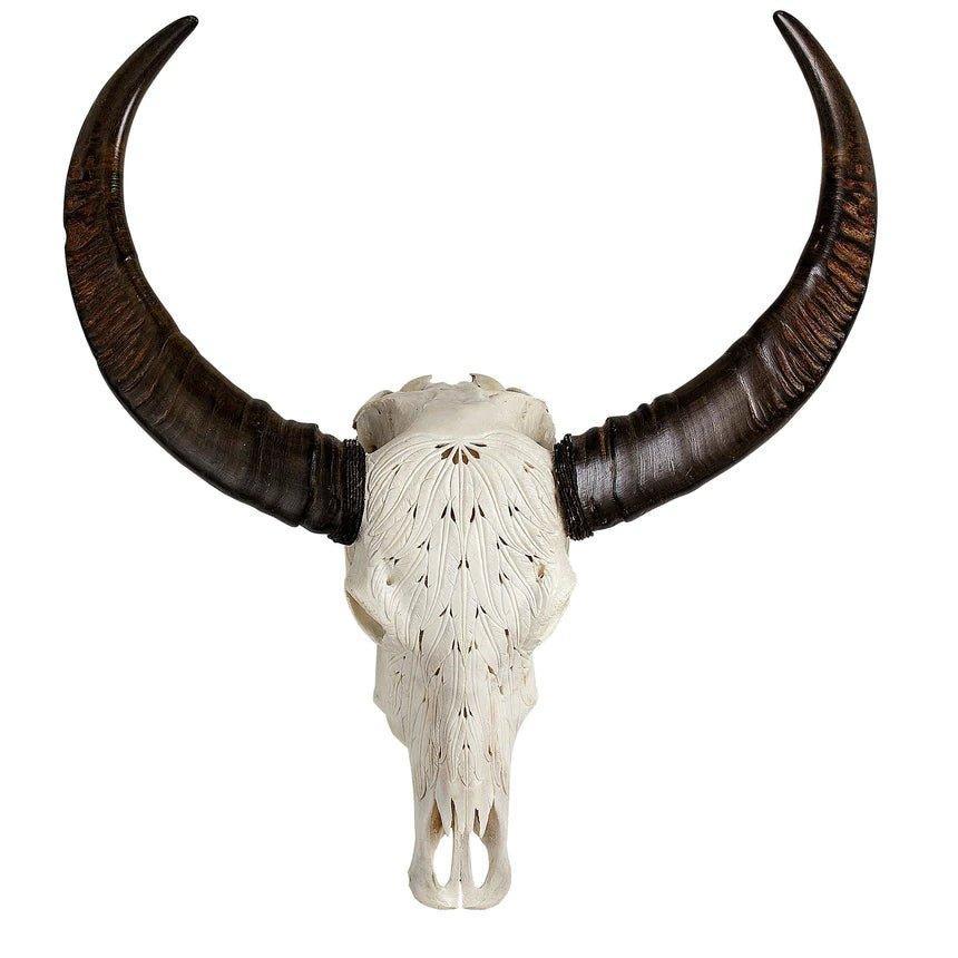Buffalo Feathers Carved Skull in White Finish - Your Western Decor