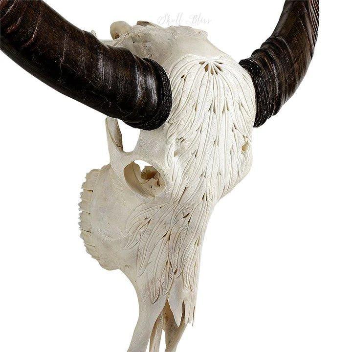 Buffalo Feathers Carved Skull in White Finish - Your Western Decor