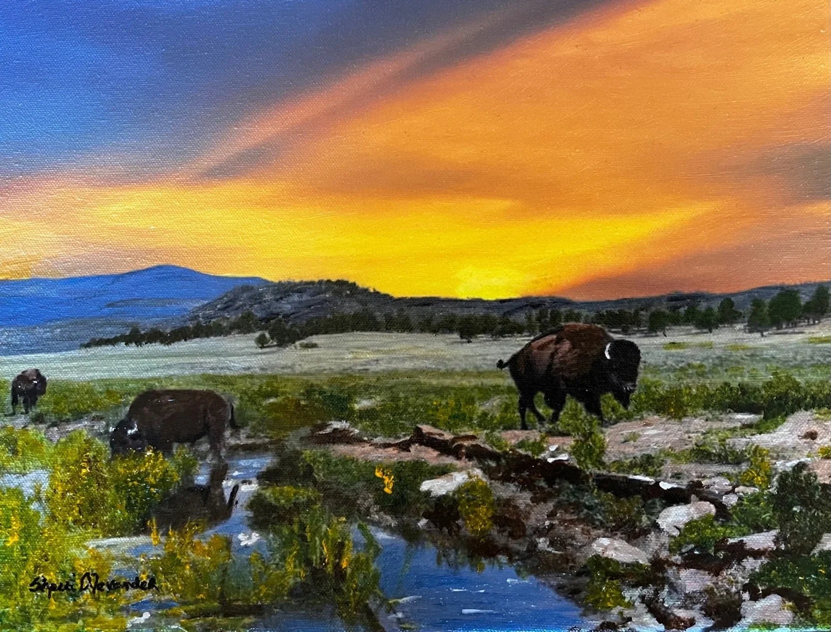 Painting of bison in a field with a colorful sunset sky - Your Western Decor