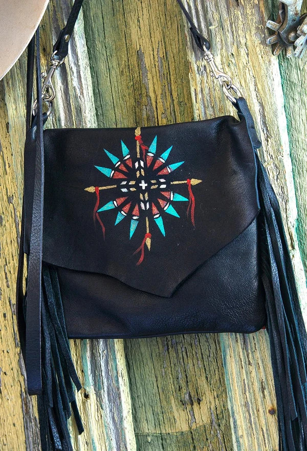 Black Arapaho Painted Horizon deerskin leather handbag with hand-painted motif, long fringe and crossbody strap
