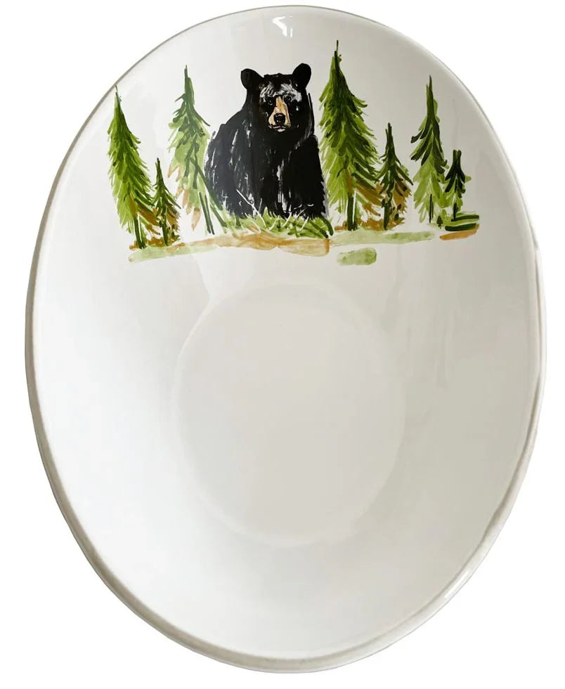 White bowl with a black bear and green trees design on a white background - Your Western Decor