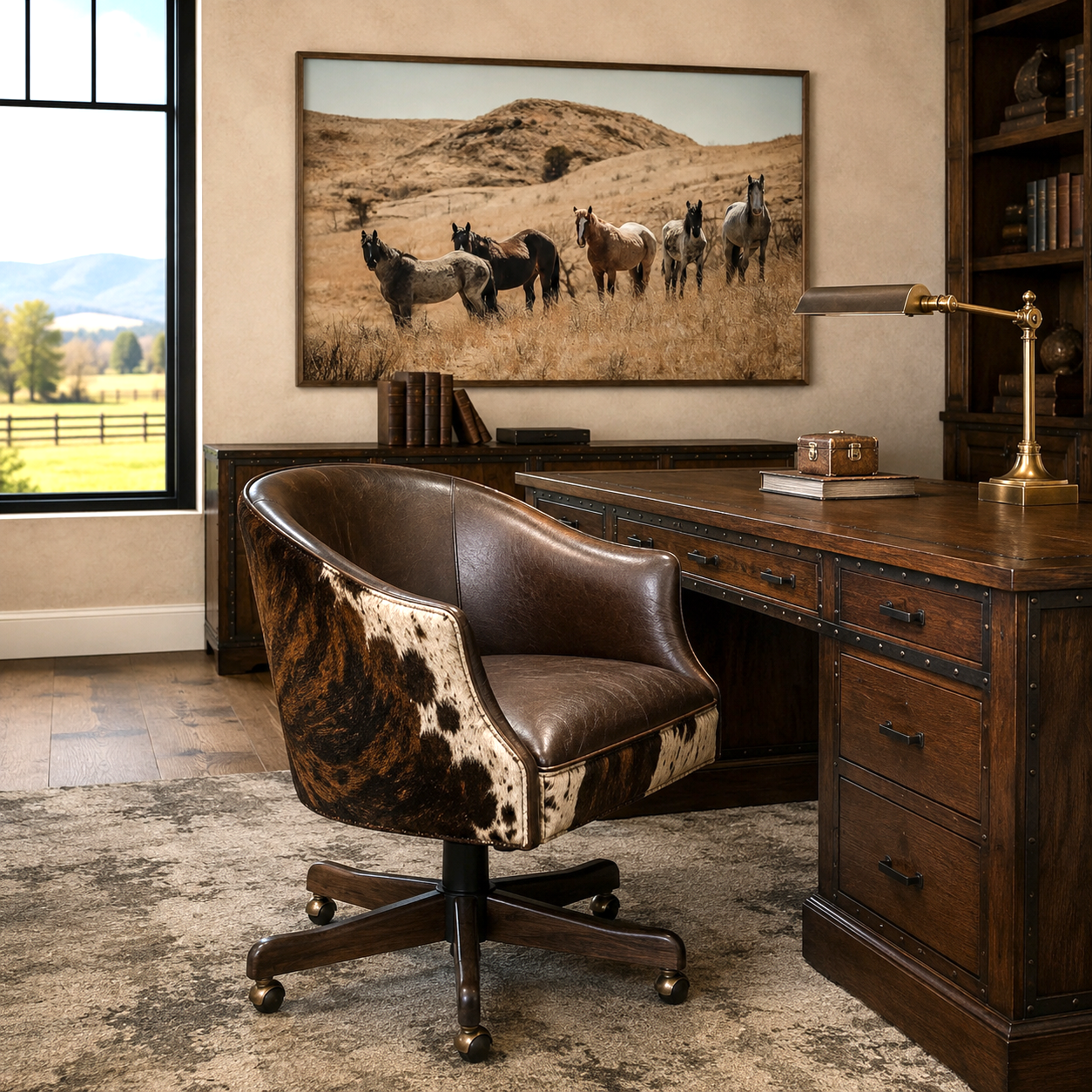 Black Canyon Cowhide Executive Swivel Chair handcrafted in the USA with Kodiak Bear leather and genuine Brazilian brindle cowhide, in office with framed canvas horse art and rustic wood furniture