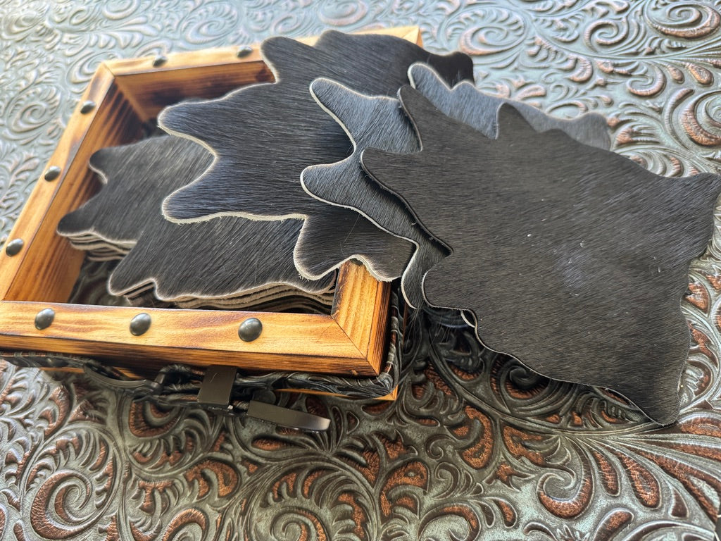 Black cowhide coasters with Western display box