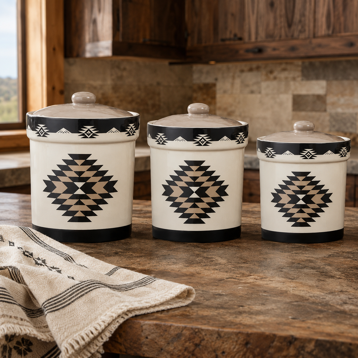 3-pc canister set with black and beige aztec patterns over beige ceramic