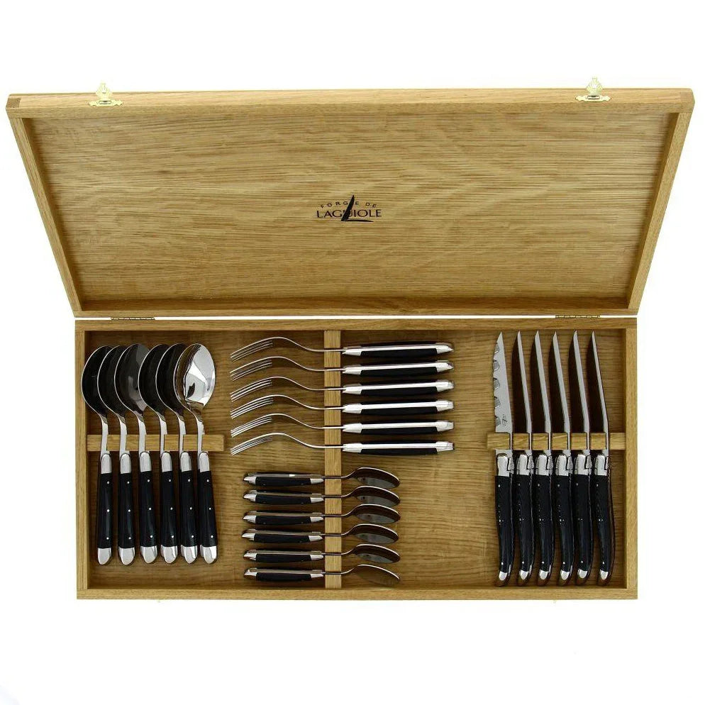 24-pc black handle flatware in a wood storage box, service for 6 - Your Western Decor