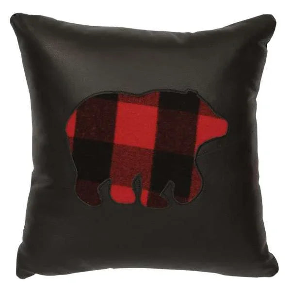 American made black leather throw pillow with plaid bear center - Your Western Decor