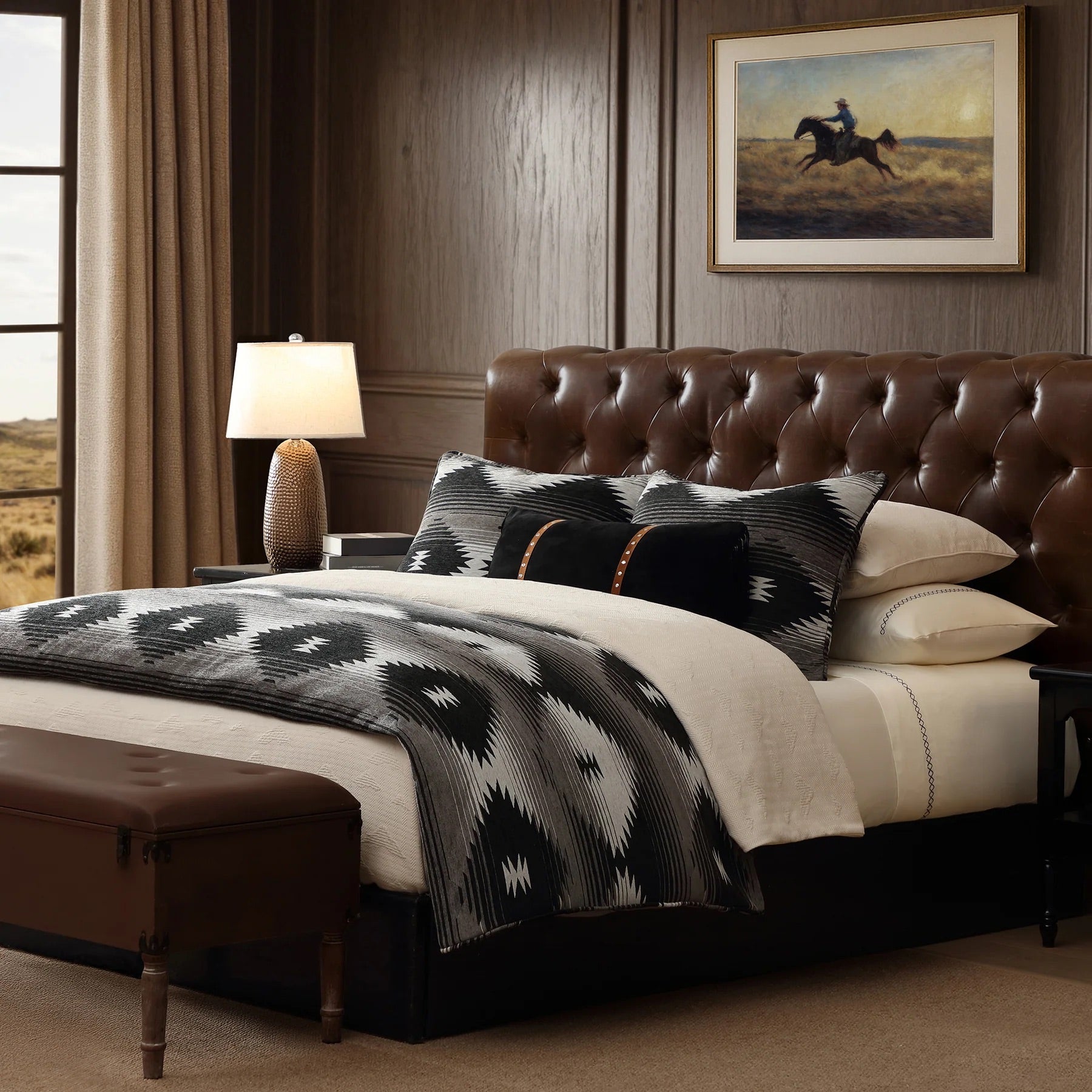 southwestern bedding set with black aztec pattern styled in rustic ranch bedroom