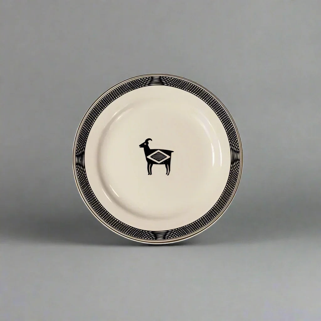 Mimbreño salad plate black and white with Aztec goat art made in the USA - Your Western Decor