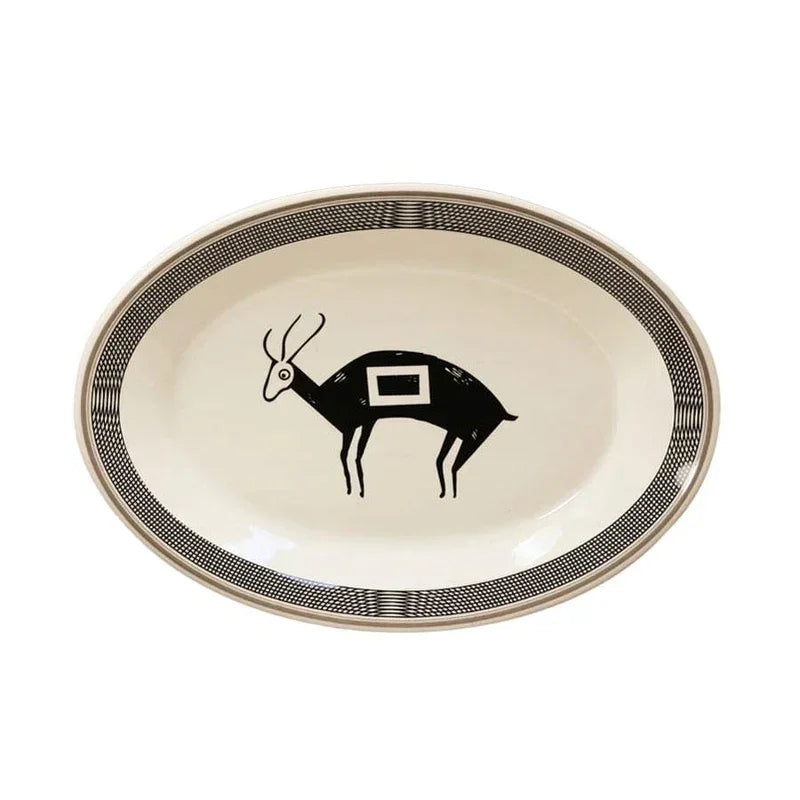 Black and white oval serving platter with Aztec deer design - Your Western Decor