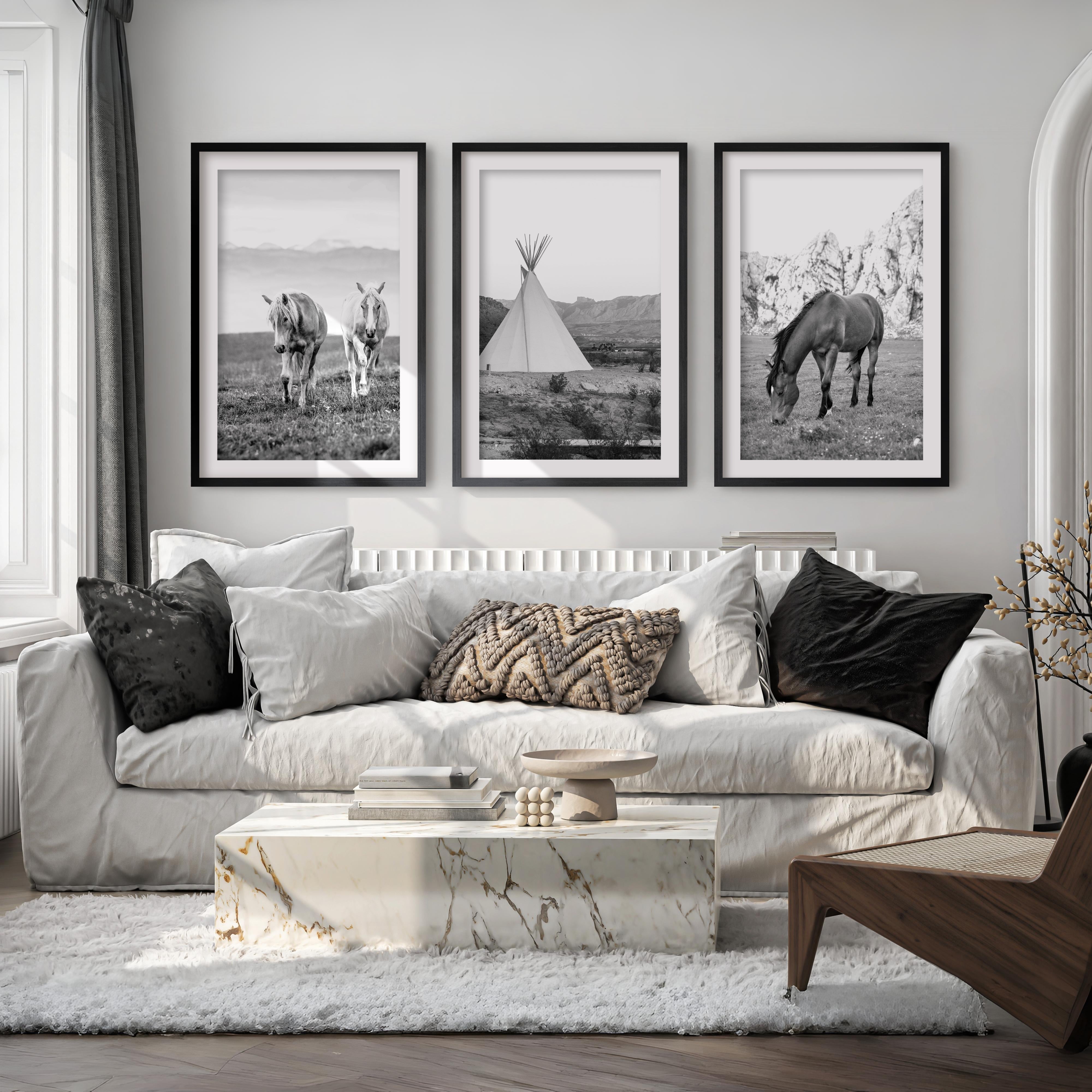 western horse tipi triptych wall art black white fine art print set. black frame white border