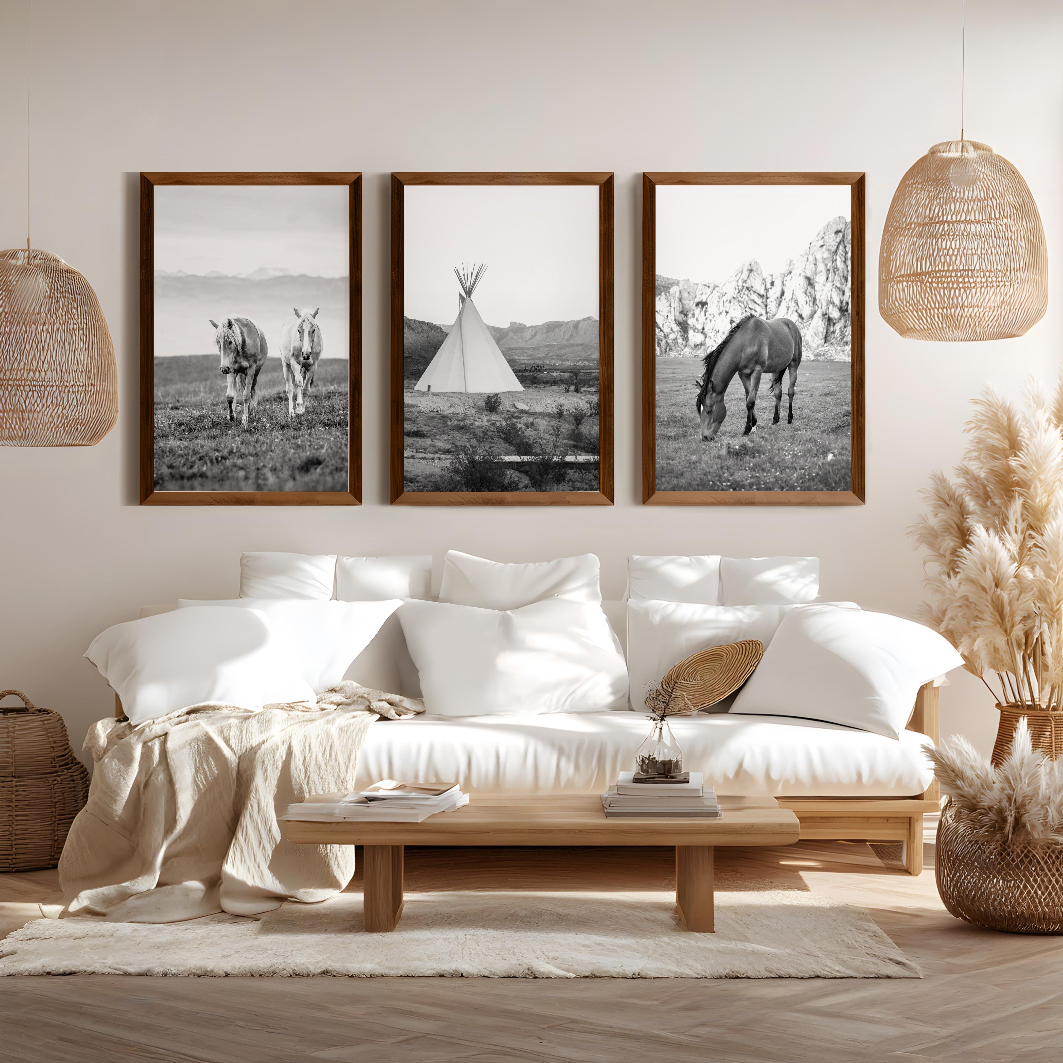 western ranch wall decor horse and tipi fine art prints set, natural dark wood frame