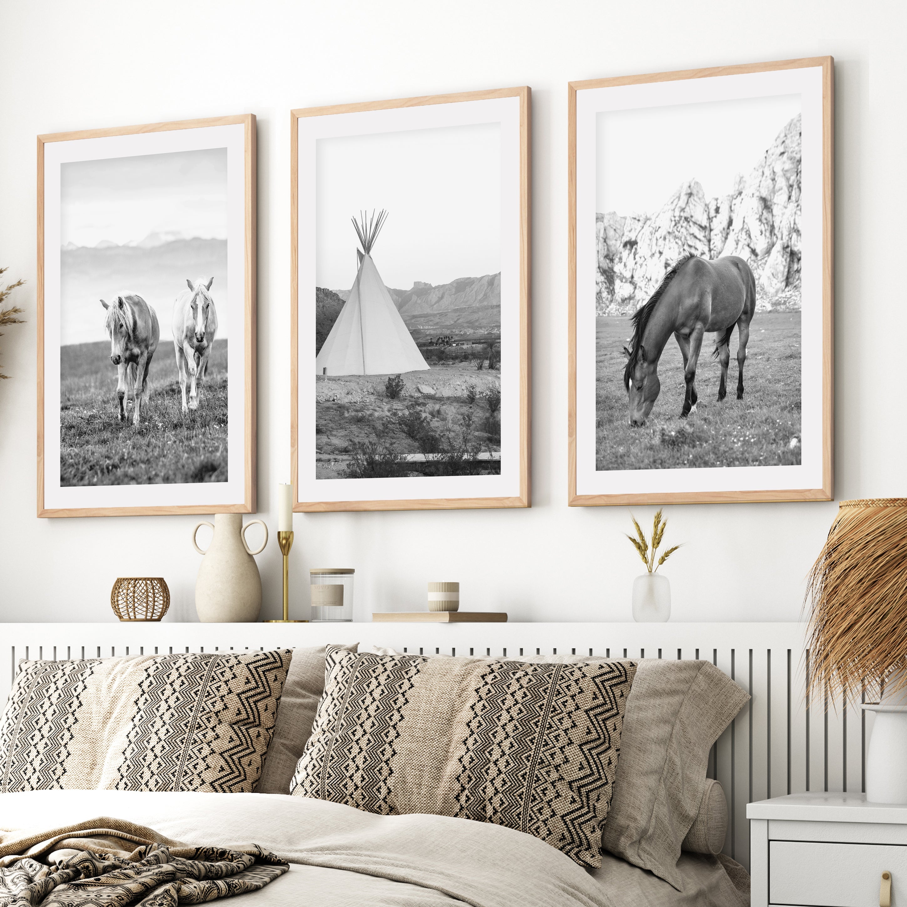 3 piece western wall art set horses landscape minimalist decor. Natural light wood frame with white border
