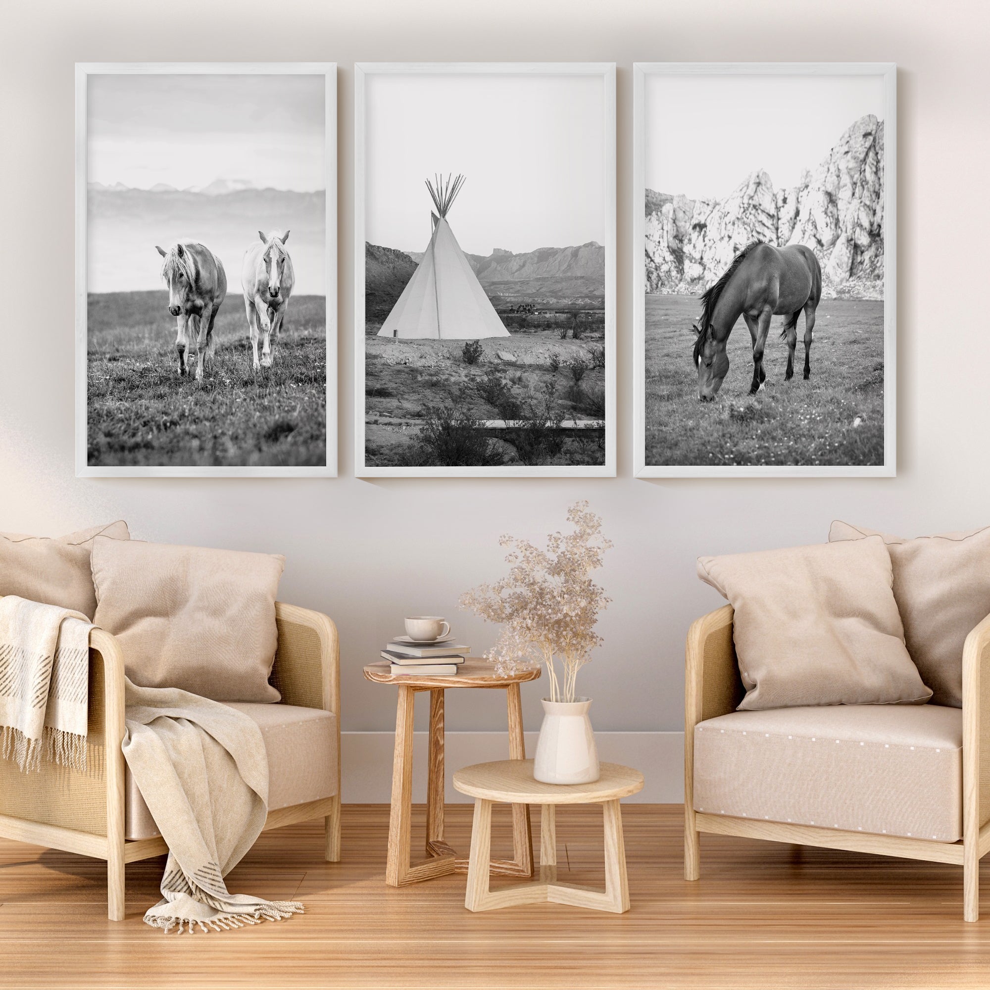 black and white horse wall art triptych western tipi print set white wood frame